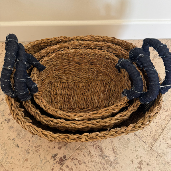 Set of 3 Oval Baskets with Denim Handles
